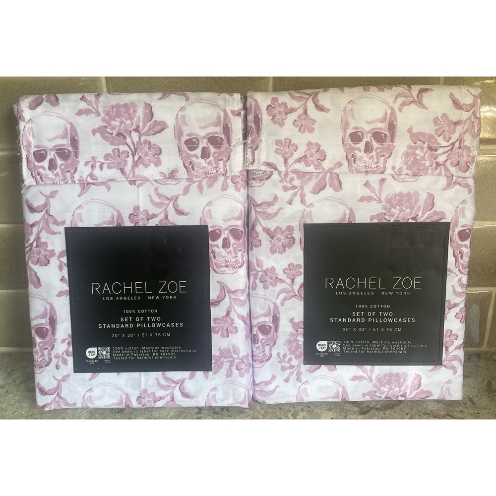 Lot of 2 Rachel Zoe Pink Skull Standard Pillowcases 100% Cotton Floral Toile 4pc - Picture 2 of 5